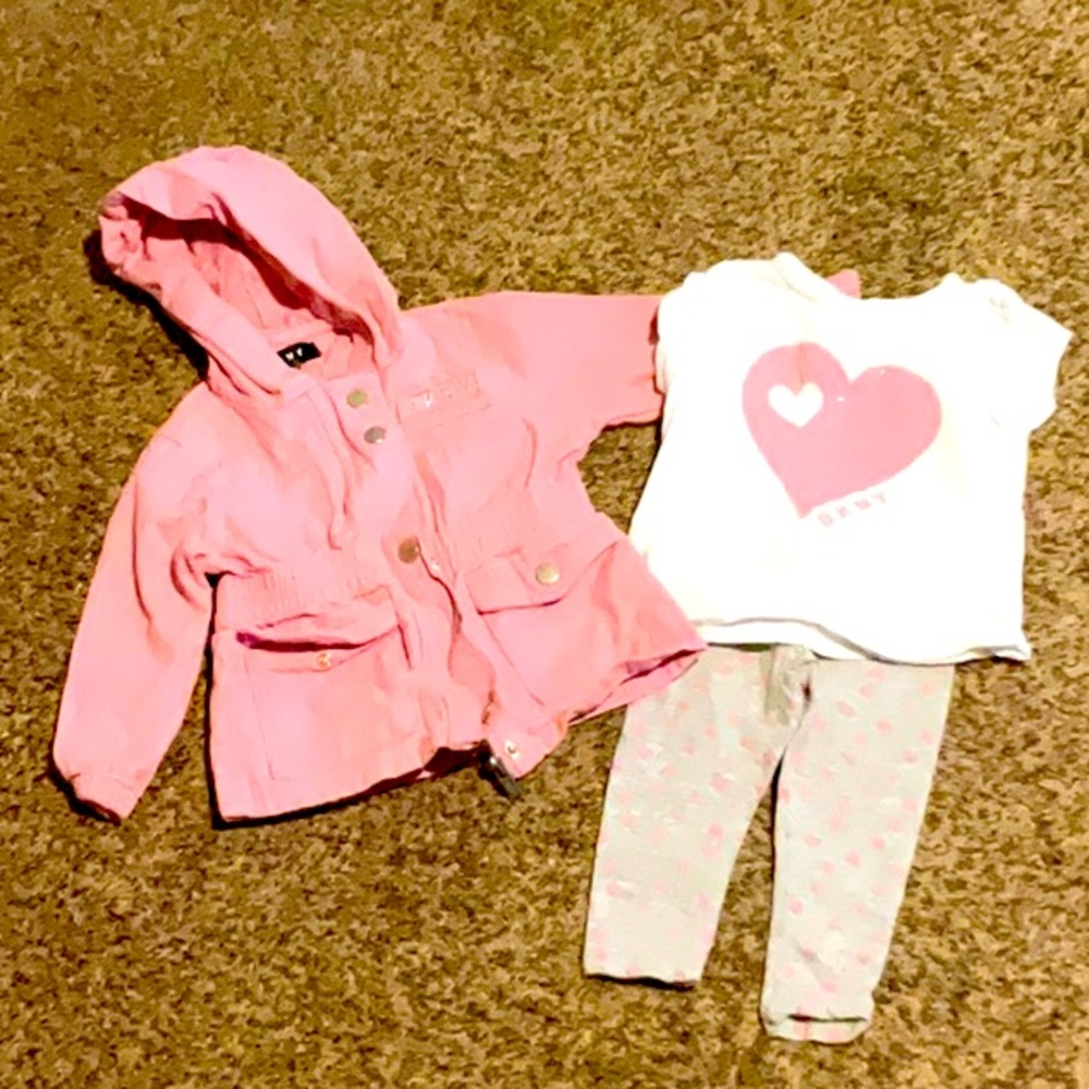 DKNY pink, gray, silver jacket and pant set. Size 12 months.
